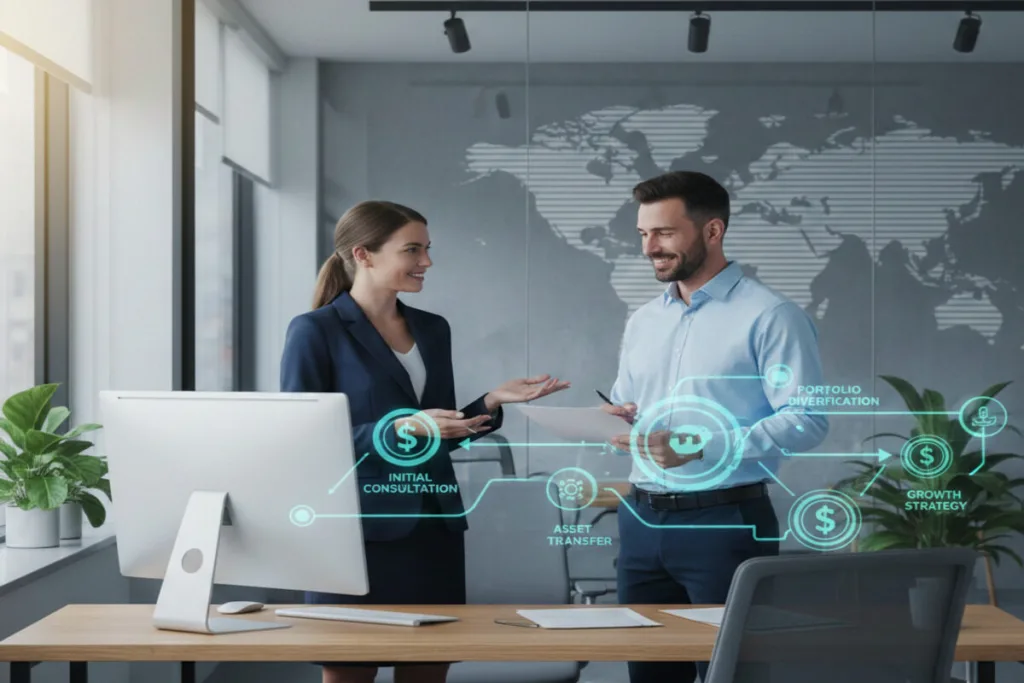 Advisors discussing Currency Exchange strategy in office