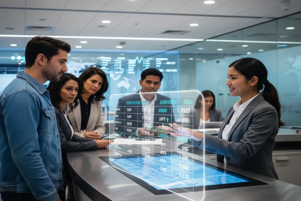 Business team reviews Currency Exchange data on futuristic holographic display.