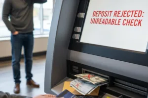 Máquina de cambio de cheques rechaza depósito bancario ilegible