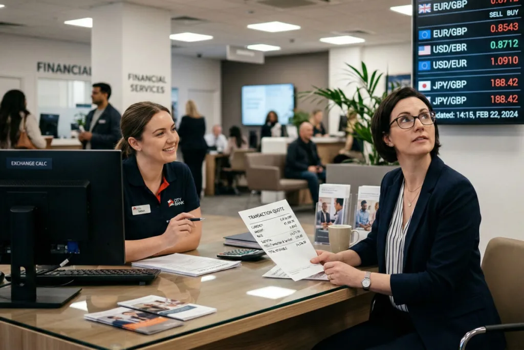 Client discussing Currency Exchange fees with bank representative