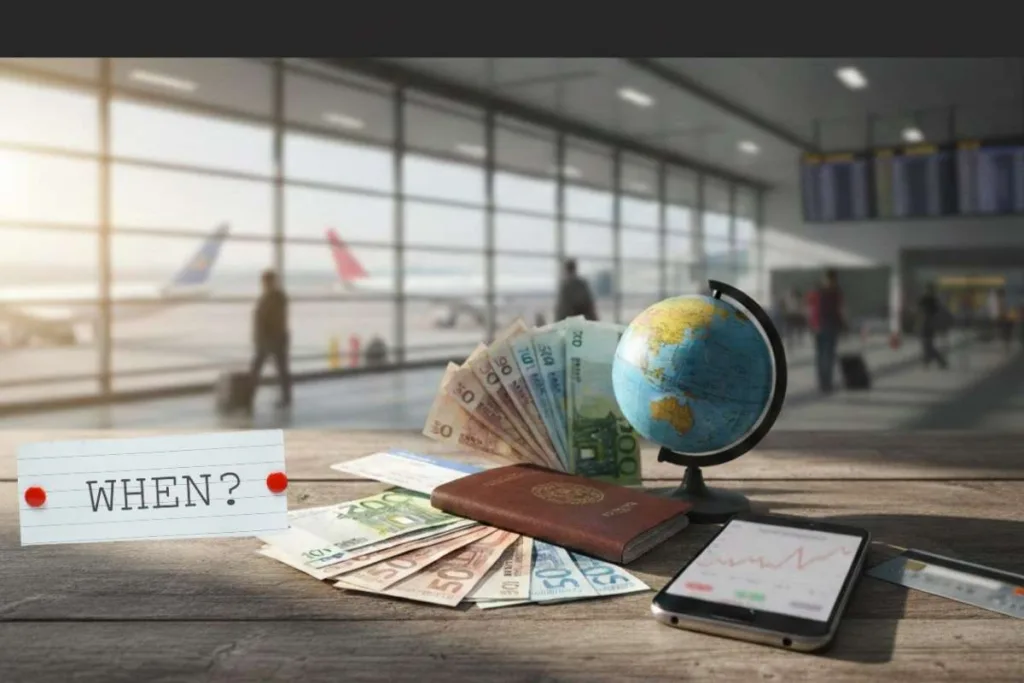 Planificación del cambio de divisas con pasaporte, efectivo y traslados al aeropuerto