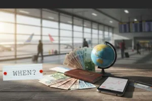 Planificación del cambio de divisas con pasaporte, efectivo y traslados al aeropuerto