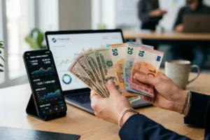 Currency Exchange budgeting using phone and laptop