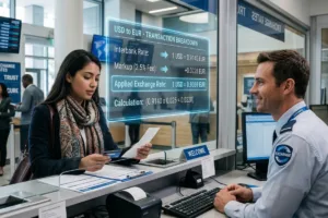 Currency Exchange clerk explaining rate markup details to customer