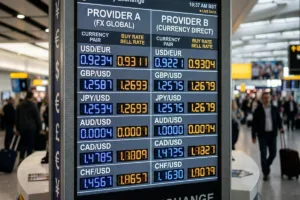 Currency Exchange rate board comparing two providers