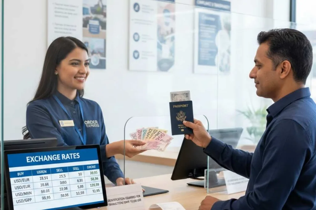 Cliente presentando pasaporte en el mostrador de cambio de divisas