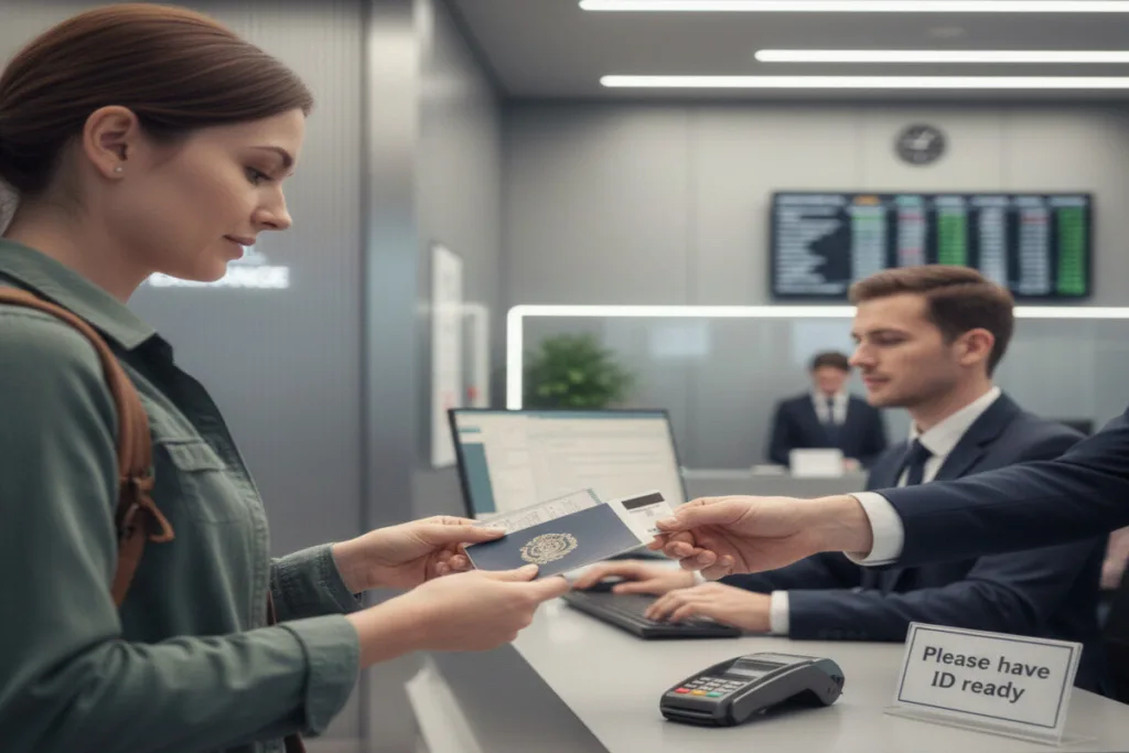 Customer presenting passport at Currency Exchange counter