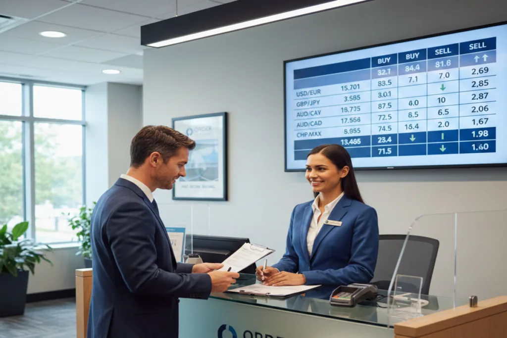 Customer receiving assistance at a Currency Exchange counter inside office.