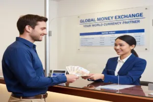 Customer receiving cash from teller at Currency Exchange service counter.