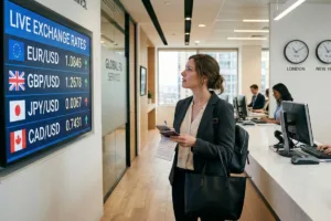 Customer viewing live Currency Exchange rate board