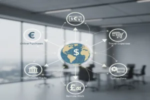 Diagram linking Currency Exchange to online purchases, travel, and remote work.