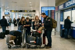 Family at airport Currency Exchange counter with luggage