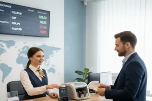 Friendly teller guiding customer through Currency Exchange process with cash.