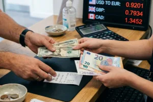 Hands completing Currency Exchange at service counter