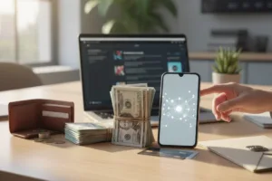 Transferencia de dinero mediante aplicación móvil con efectivo y tarjetas