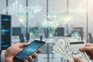 Transferencia de dinero usando smartphone y efectivo con red global