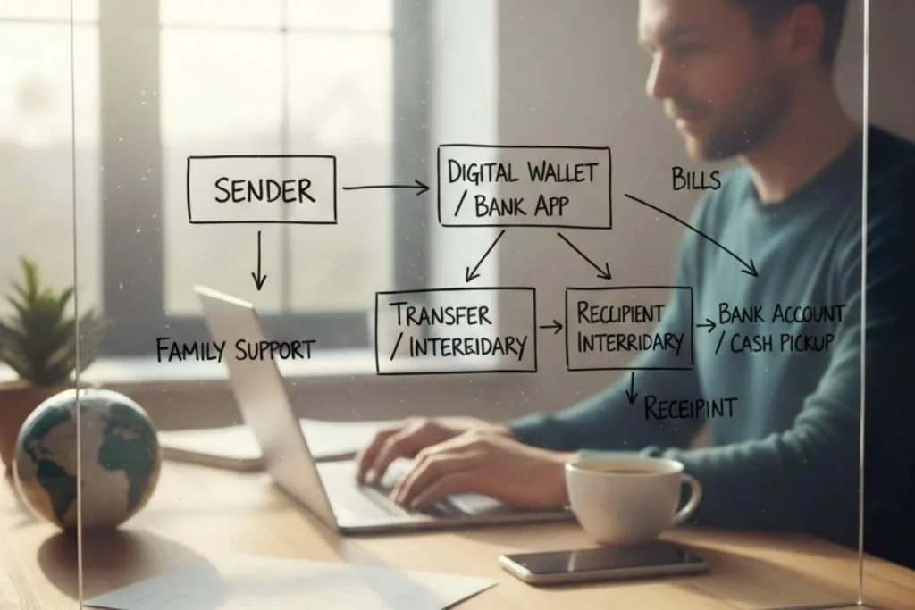 Flujo de trabajo de transferencia de dinero que muestra la entrega desde la billetera digital al banco