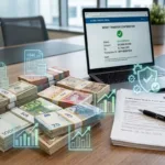 Money transfer confirmation on office desk with euros and dollars