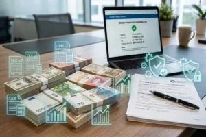 Money transfer confirmation on office desk with euros and dollars