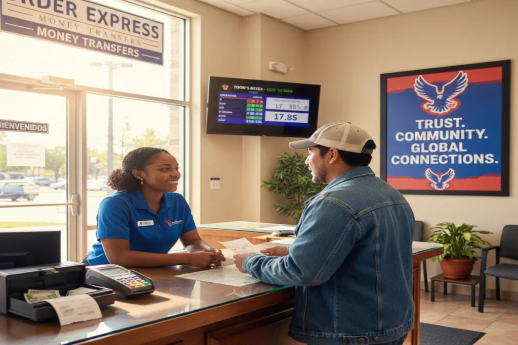 Order Express staff helping customer complete Currency Exchange transaction.
