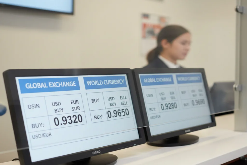 Retail Currency Exchange screens comparing global rates