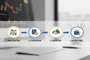 Step by step Currency Exchange process displayed with icons and arrows.