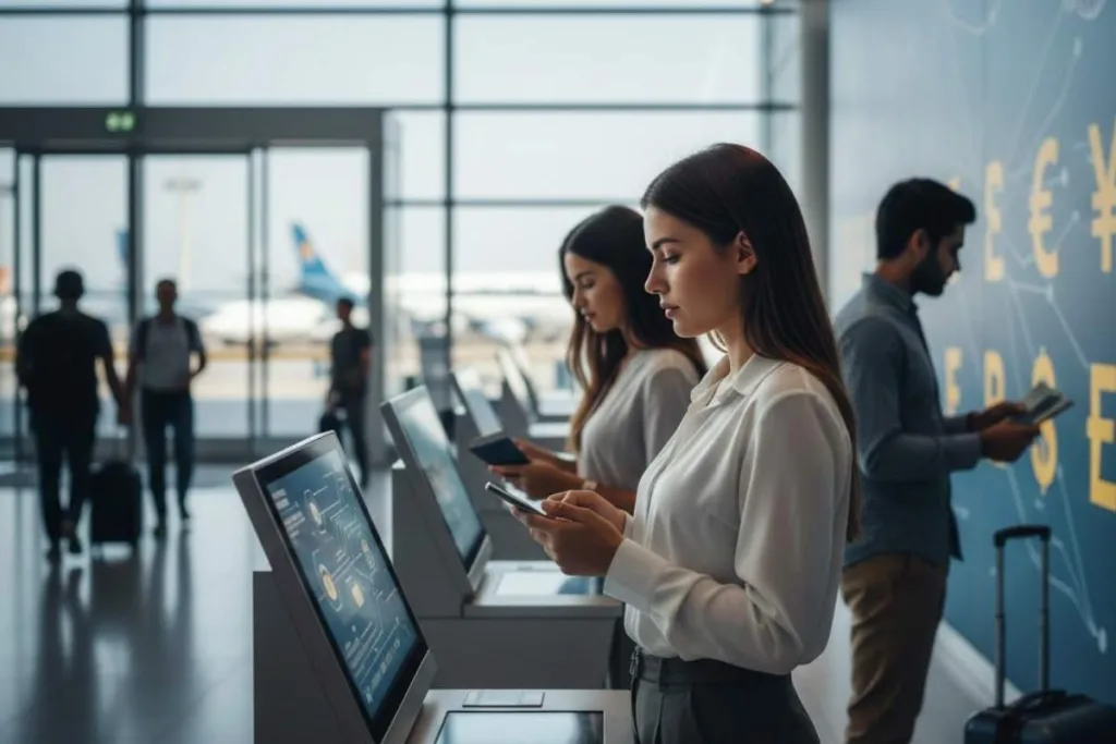 Viajeros que utilizan quioscos digitales para transferencias de dinero seguras