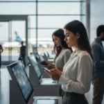 Viajeros que utilizan quioscos digitales para transferencias de dinero seguras