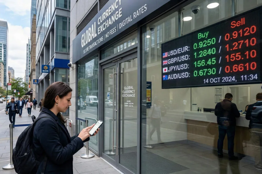 Woman checking phone outside Currency Exchange storefront