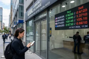 Woman checking phone outside Currency Exchange storefront