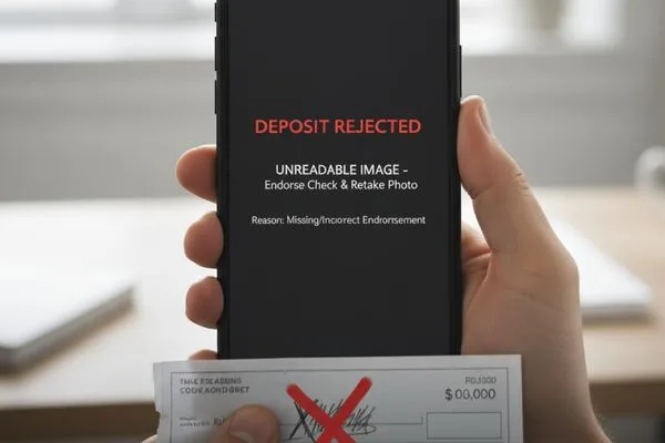 La aplicación de cobro de cheques rechaza un cheque endosado ilegible