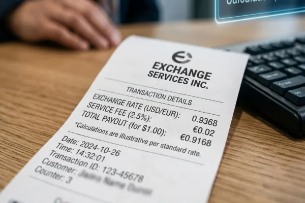 Primer plano del recibo con los detalles de la transacción de cambio de divisas