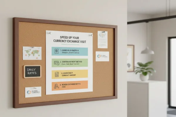 Currency Exchange preparation checklist on office bulletin board

