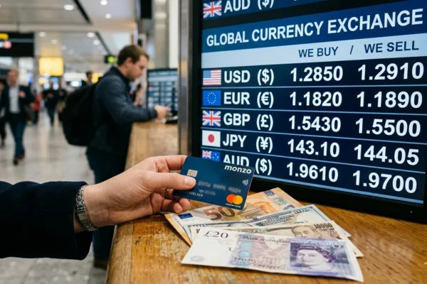 Tablero de tipos de cambio de divisas con billetes extranjeros
