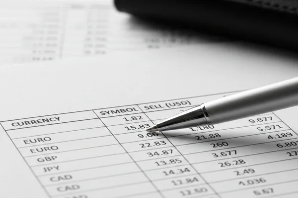 Detailed Currency Exchange chart with pen indicating specific values.
