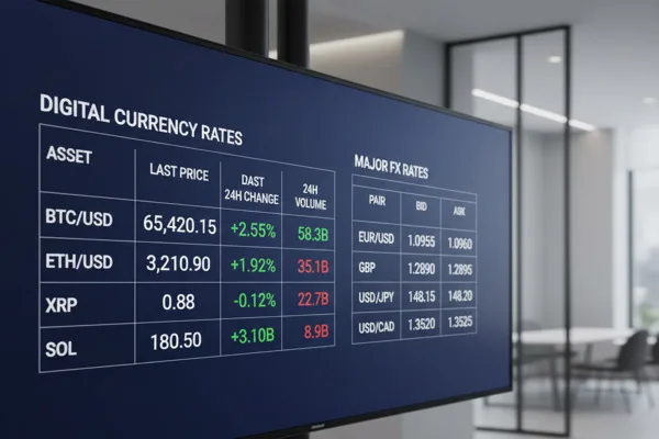 Panel de tipos de cambio de moneda digital que muestra pares de divisas
