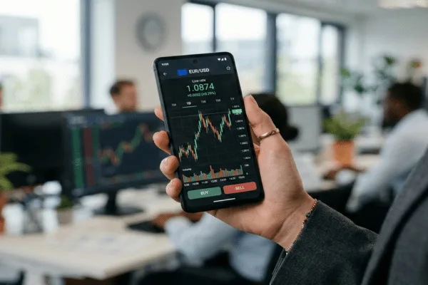 Mano sosteniendo el teléfono con la aplicación de cambio de divisas