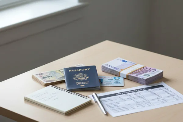 Organized Currency Exchange essentials on table with passport and cash.
