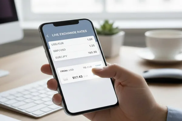 Persona verifica los tipos de cambio de moneda en vivo en la interfaz de la aplicación para teléfono inteligente.
