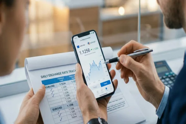 Professional reviewing Currency Exchange rates on smartphone screen
