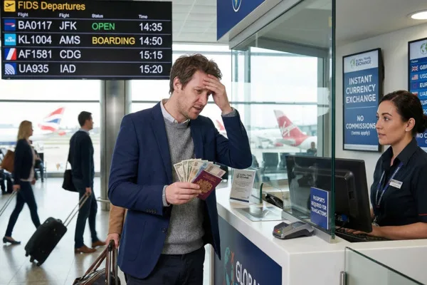Viajero estresado en el mostrador de cambio de divisas del aeropuerto
