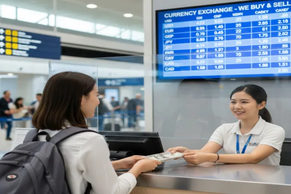 Viajero cambiando dinero en el mostrador de cambio de divisas del aeropuerto con tarifas digitales.
