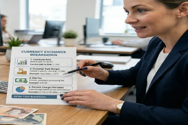 Advisor explaining Currency Exchange fee breakdown chart