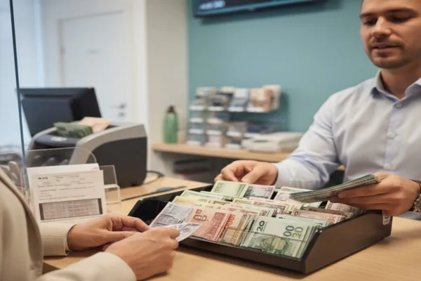 Close-up Currency Exchange process with staff arranging multiple banknotes.
