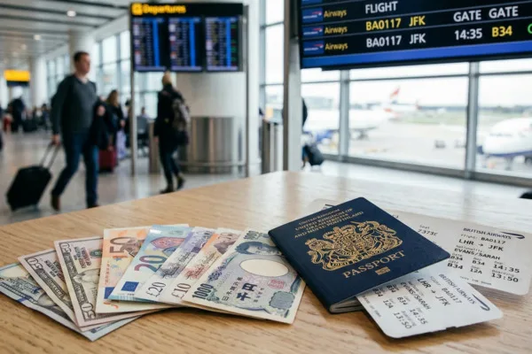 Currency Exchange money beside boarding pass and passport