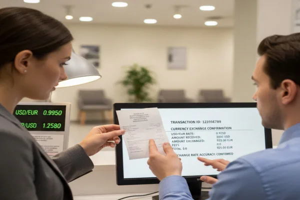 Cliente y personal confirman el recibo del cambio de moneda y las tarifas mostradas.