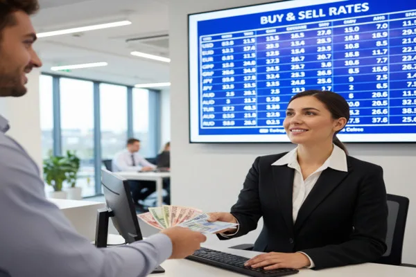 Customer completing a Currency Exchange transaction at a service counter.
