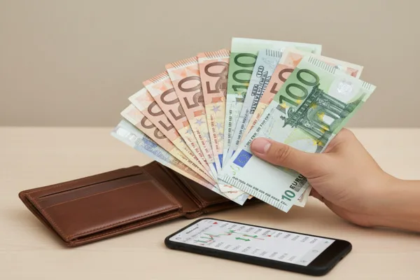Hand holding euro bills beside phone showing Currency Exchange rates.

