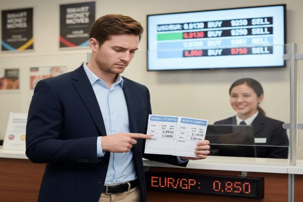 Man comparing Currency Exchange rate board displayed indoors
