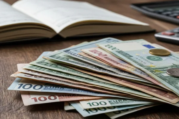 Monedas globales mixtas distribuidas en una tabla para el uso diario en el cambio de divisas.